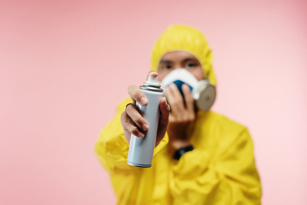 Man in Coveralls Holding Spray Bottle